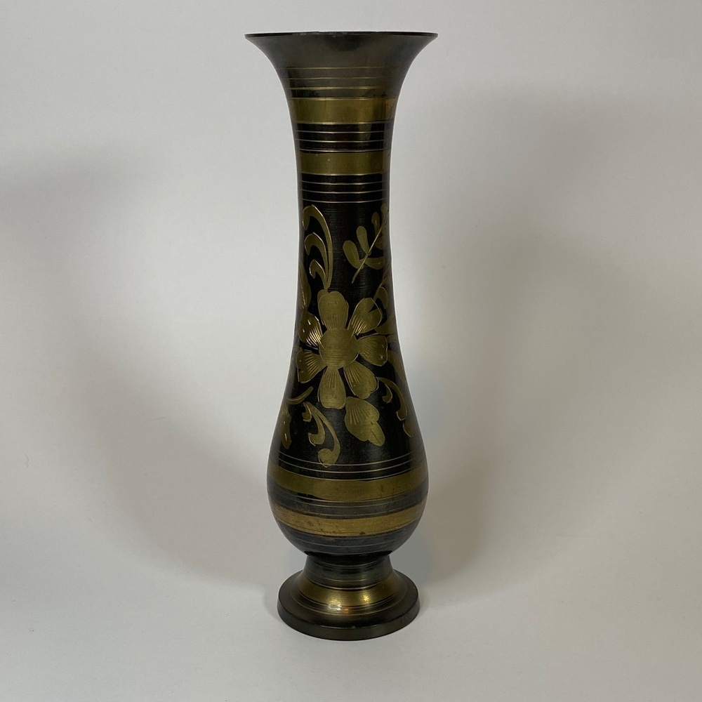 Vintage Etched Brass Vase with Floral Design
